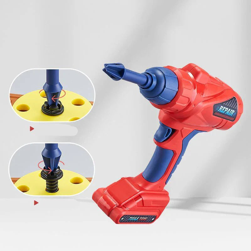 Close-up of a child's hand holding a toy hammer from the educational construction play toolbox