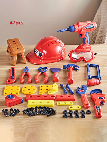 Kids' yellow and blue educational toolbox open, showcasing play tools for creative role play