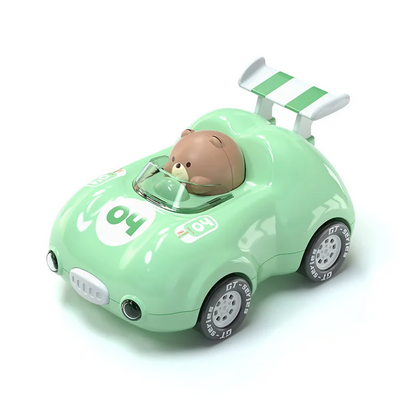 Flashing light racing toy car demonstrating its features, an interactive plastic toy for children