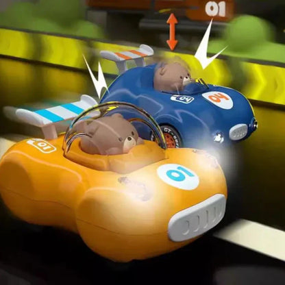 Close-up of a blue flashing light racing toy car, an educational and engaging gift for children