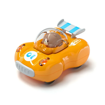 Front view of a flashing light racing toy car in action, a fun educational toy for young racers