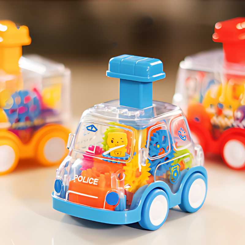 Kids' red interactive push car toy with visible colorful gears, promoting early learning and motor skills
