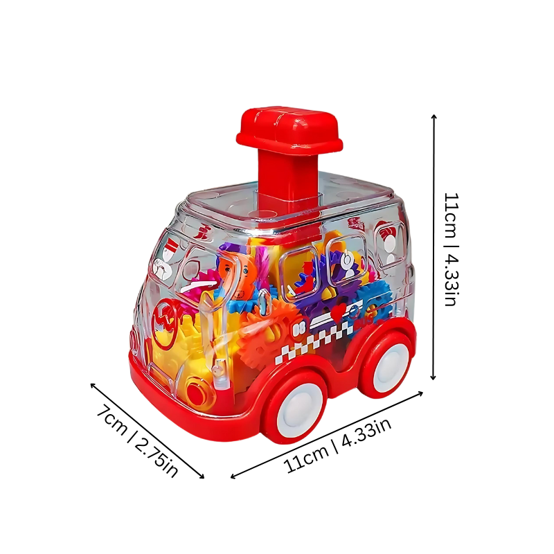 Close-up of a child's hand pushing interactive gear car toy, showcasing rotating, visible mechanical gears