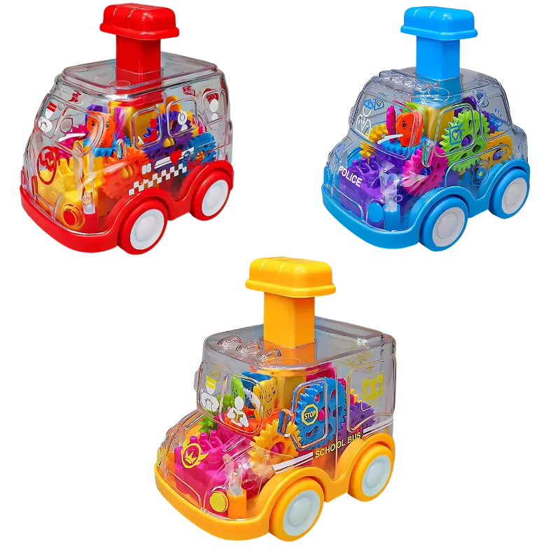 Educational push car toy for kids, clear casing reveals intricate, colorful interlocked moving gears