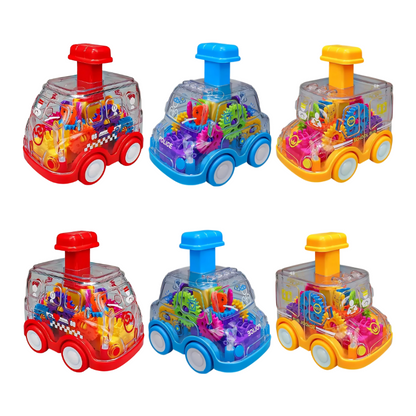 Toddler playing with a vibrant, visible gear push car toy, encouraging sensory development and curiosity