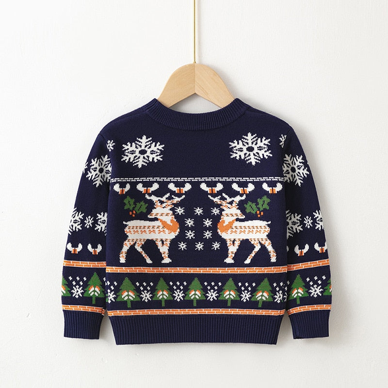 Gray kids' Christmas sweater with a Christmas tree, cozy festive knit for holidays