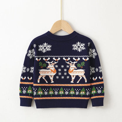 Gray kids' Christmas sweater with a Christmas tree, cozy festive knit for holidays