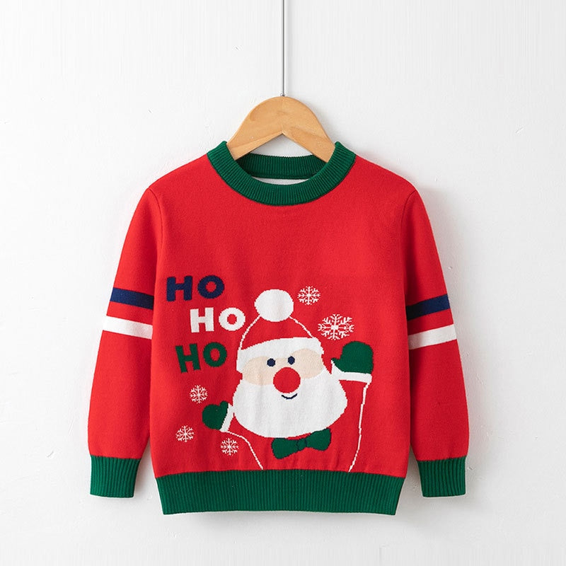 Green crew neck festive knit Christmas sweater for active toddlers, holiday wear
