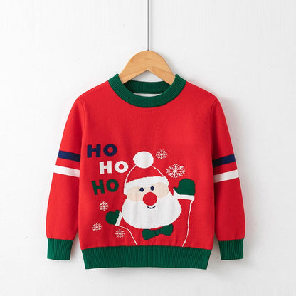 Green crew neck festive knit Christmas sweater for active toddlers, holiday wear