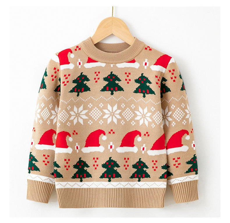 Blue long-sleeve Christmas sweater with festive patterns for kids, a winter essential