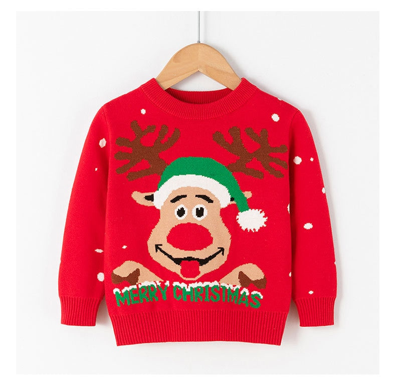 Gray comfortable kids' Christmas sweater with a stocking, soft festive baby clothing