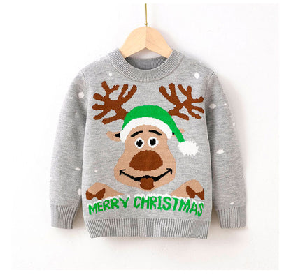 Red festive knit Christmas sweater for boys & girls featuring Santa's sleigh design