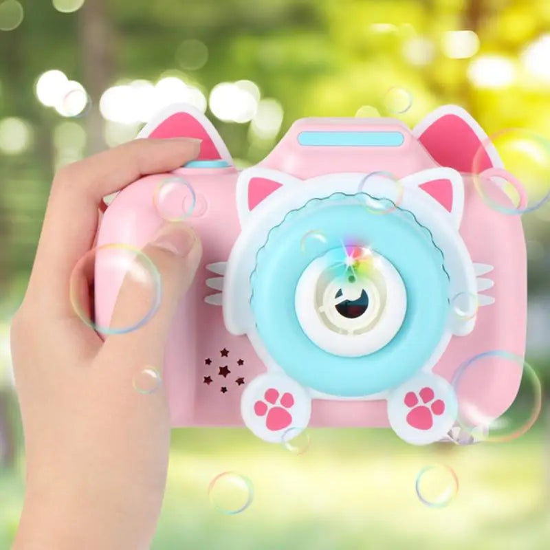 Close-up of a blue Kids' Musical Bubble Camera Toy, creating lots of bubbles, ideal for children's gifts.