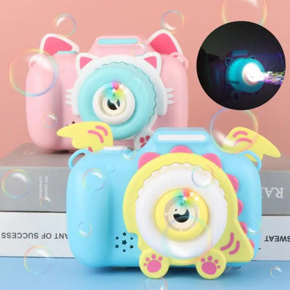 Happy child playing with a vibrant green musical bubble camera toy outdoors, great for boys and girls.