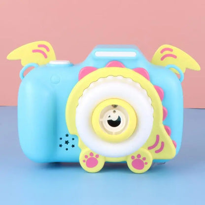 Children's gift set featuring a purple musical bubble machine camera, promoting outdoor activity.