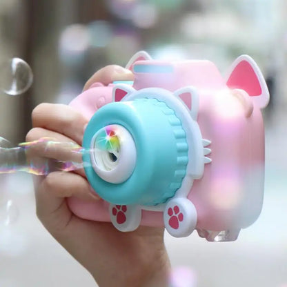 Group of diverse kids enjoying a musical bubble camera toy, an engaging activity toy for summer fun.