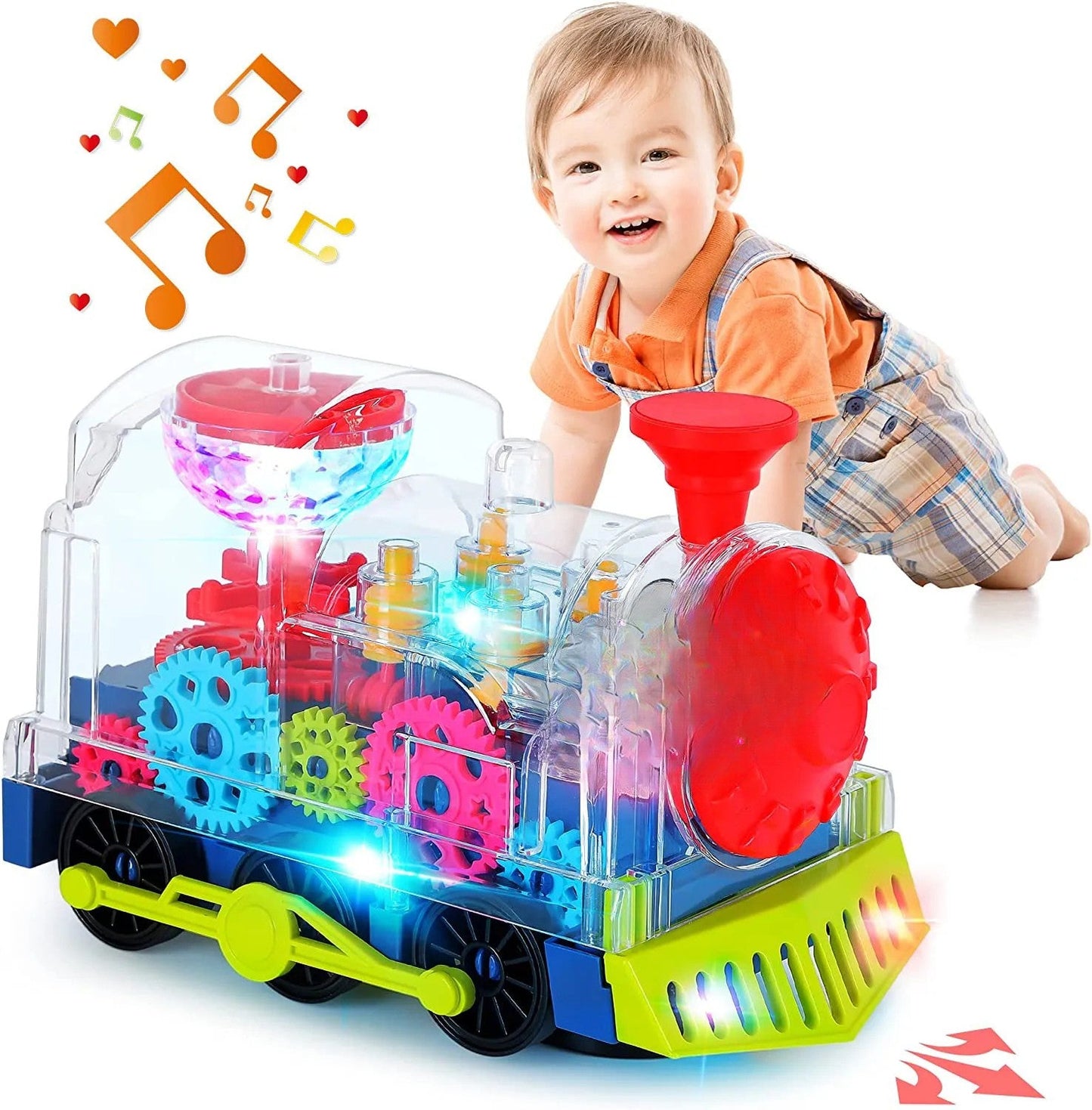 Kids' red musical crawling train toy with flashing lights, ideal for toddlers' development