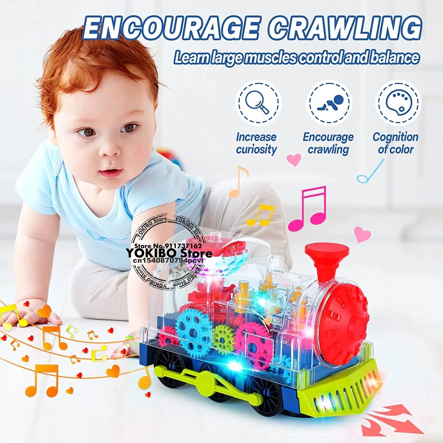 Toddler educational toy train, colorful and musical, designed to encourage crawling