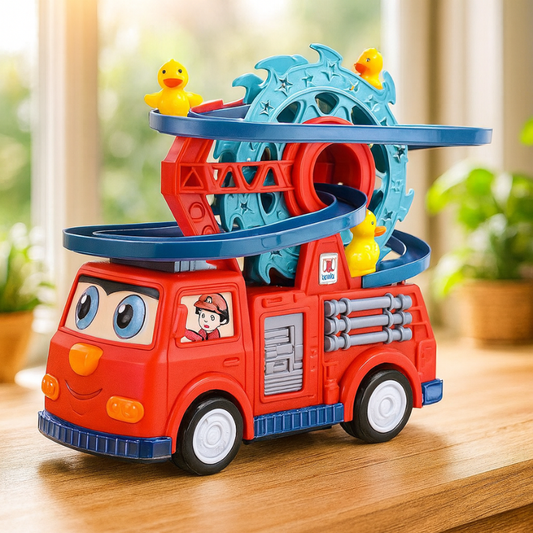 Kids' red musical fire truck toy with climbing ducks, lights, and sounds for interactive toddler play.