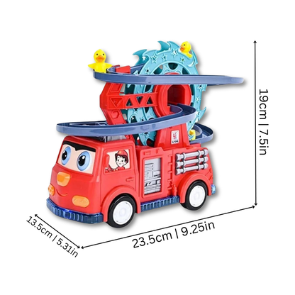 Educational fire truck toy with climbing ducks, songs, and lights, perfect for developing toddler motor skills.