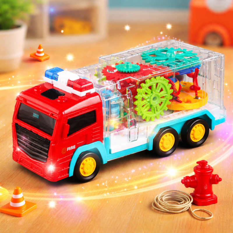 Kids' red musical gear fire truck toy with interactive lights and sounds, perfect for toddlers.