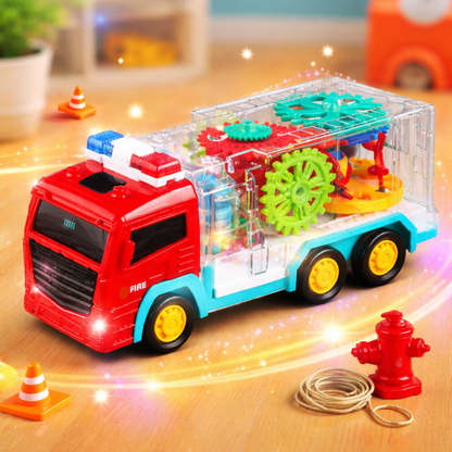 Kids' red musical gear fire truck toy with interactive lights and sounds, perfect for toddlers.