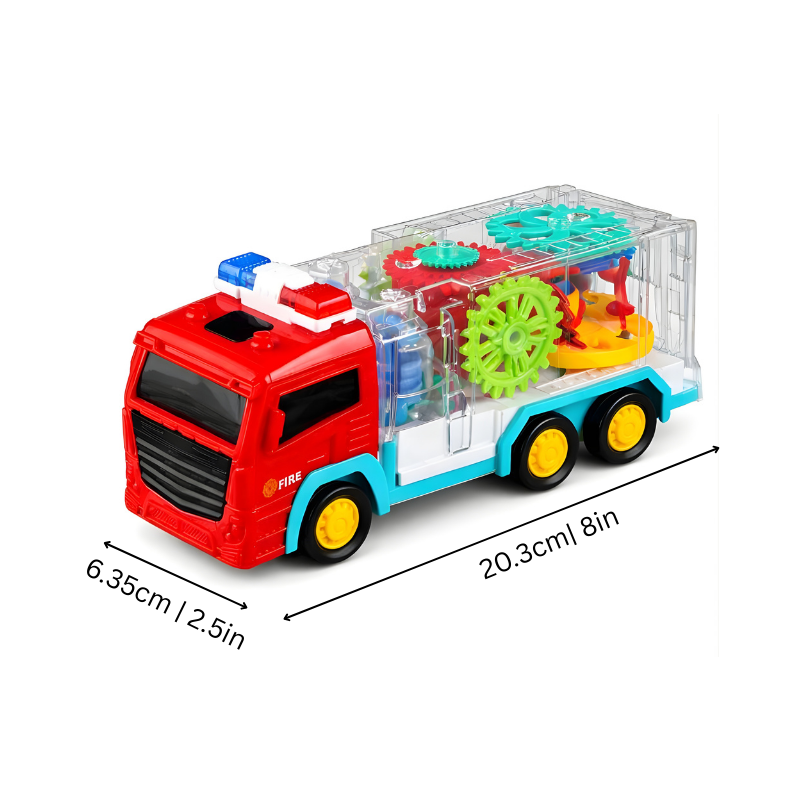 Educational toddler toy: Fire truck with visible rotating gears, music, and sensory play features for boys and girls.