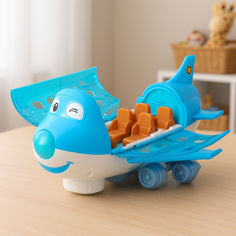 Kids' red musical spinning jet toy with flashing lights, ideal for toddlers' interactive playtime.