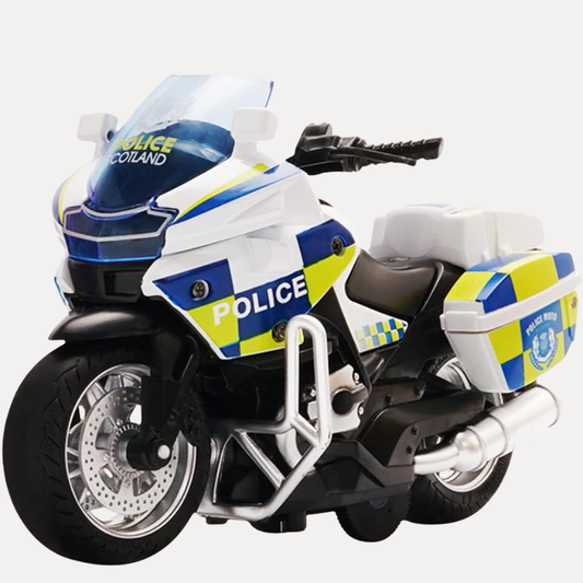 Kids' red pull-back motorcycle toy with flashing lights and music, perfect for active play.