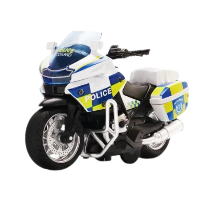 Durable kids' pull-back motorcycle toy in blue, with captivating lights and music for engaging playtime.