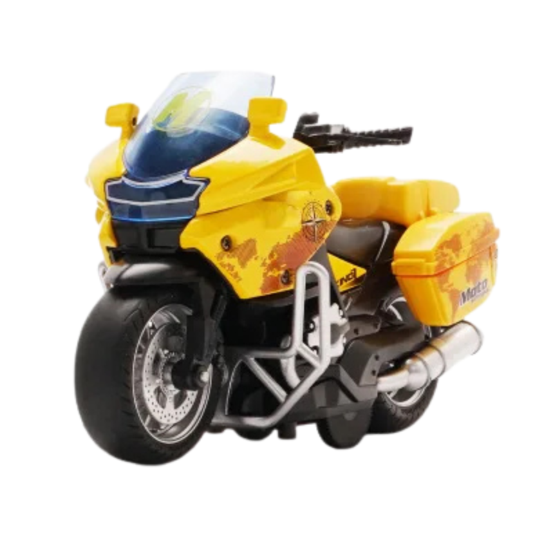 Yellow pull-back motorcycle toy for kids, including fun lights and music, a great gift for active play.