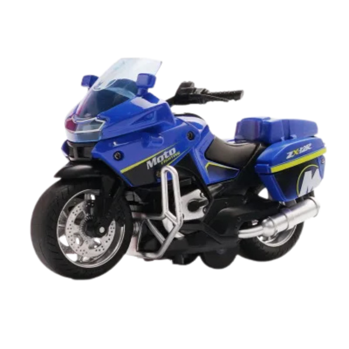 Toy motorcycle with pull-back action, engaging lights & music, designed for toddlers and young children.