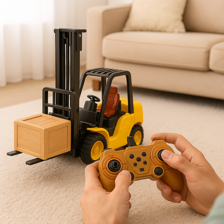 Kids' red RC forklift toy with mist spray feature, demonstrating fog and working lights for realistic play