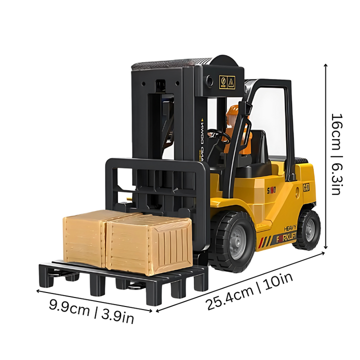 Remote control construction forklift toy for kids, detailed view showing mist spray function and musical buttons