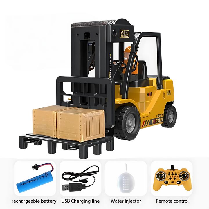 Child playing with an RC forklift toy, featuring fog spray, music, and lights, on a playroom floor