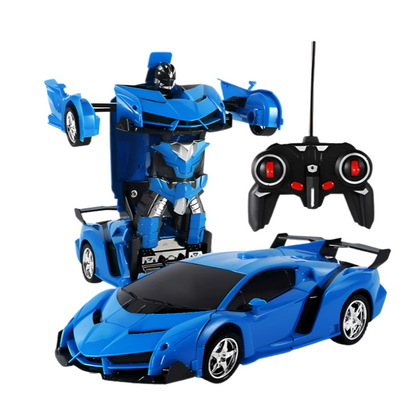 Blue RC transforming car robot vehicle, remote control action figure, perfect for kids' play
