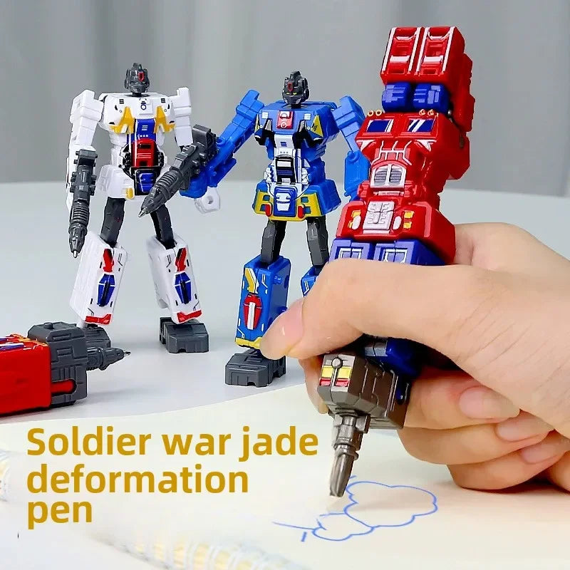 Blue transformable robot pen for kids, a novelty toy that encourages creative writing