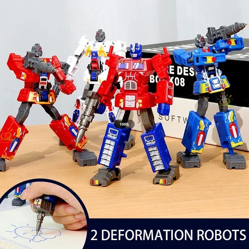 Yellow robot pen transforming into a figure, ideal for kids' drawing and schoolwork