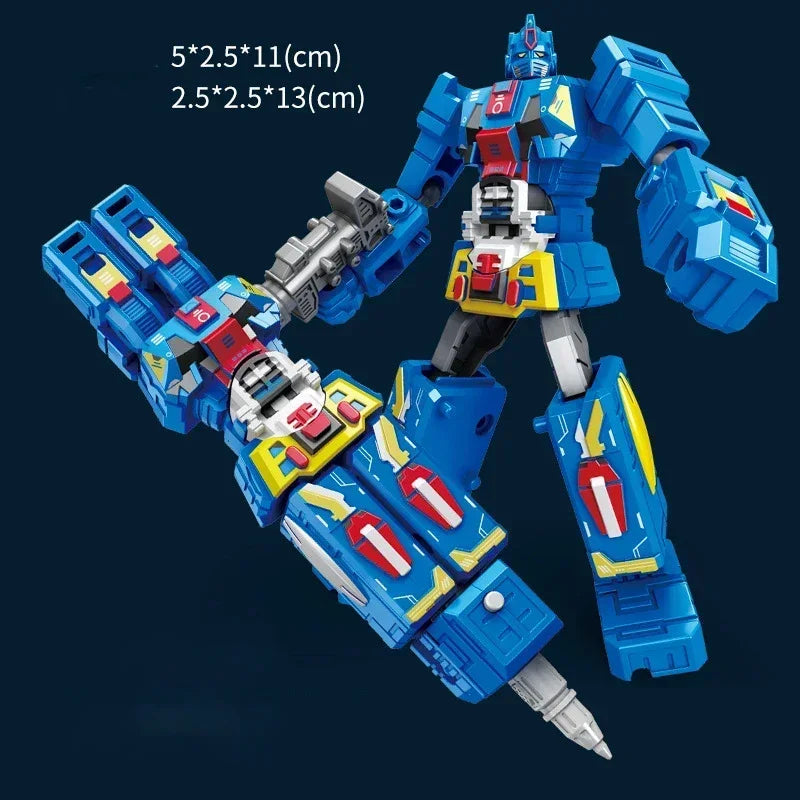 Close-up of a transformable robot pen in robot mode, showcasing its detailed design