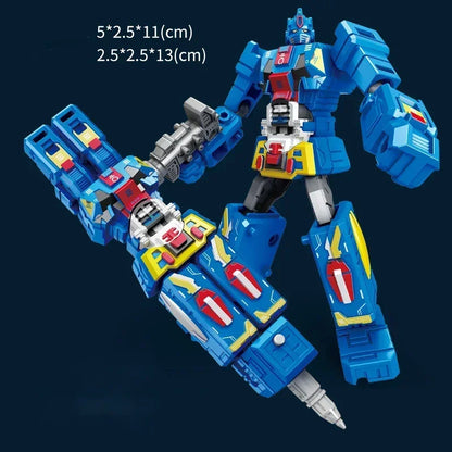 Close-up of a transformable robot pen in robot mode, showcasing its detailed design