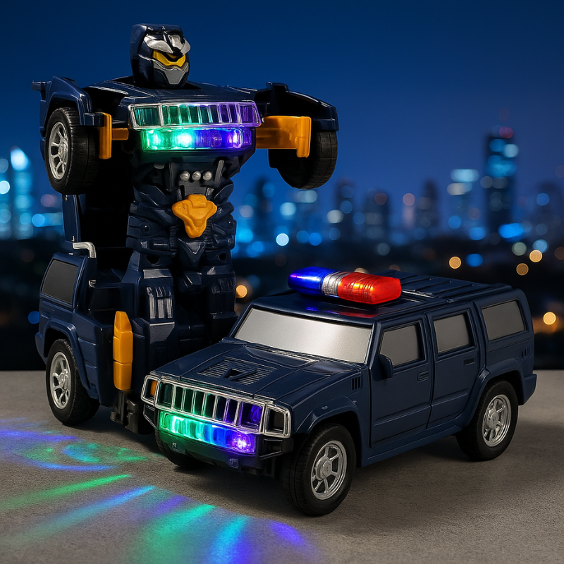 Kids' red transforming robot car toy with flashing lights & music, perfect interactive gift for toddlers