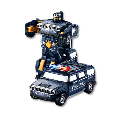 Interactive kids' robot car toy, mid-transformation, showcasing vibrant lights and sound play for young children