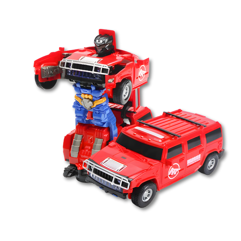 Close-up of a red transforming robot car toy with LED lights on wheels, playing music for children's entertainment