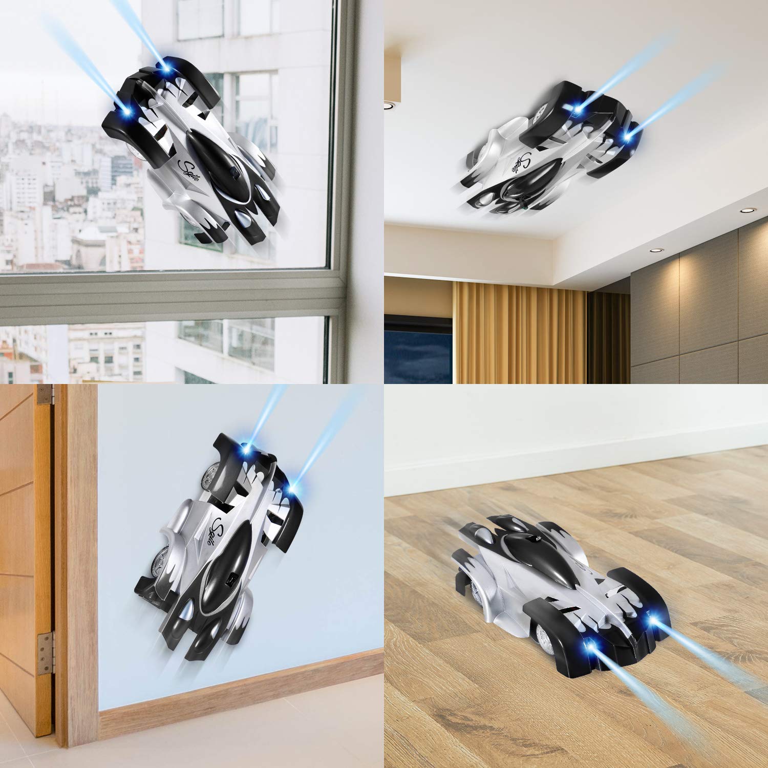 Kids' red wall climbing RC car defying gravity on a white wall, a fun stunt vehicle toy