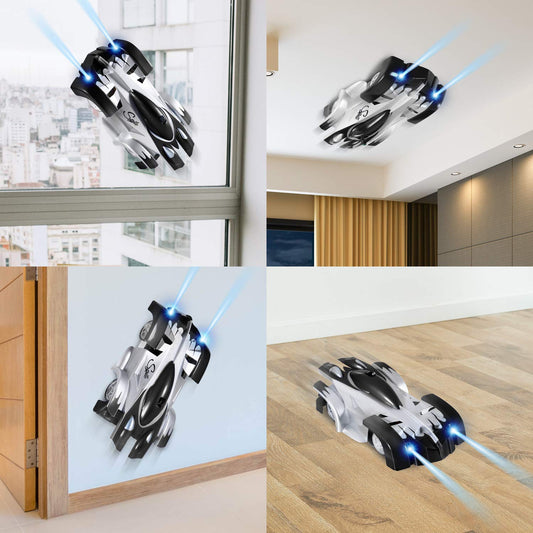 Kids' red wall climbing RC car defying gravity on a white wall, a fun stunt vehicle toy