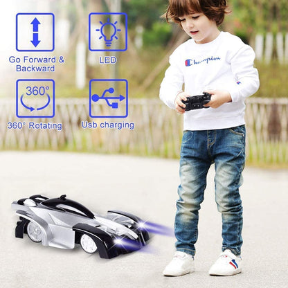 Zero gravity blue remote control car for kids, climbing effortlessly up a smooth wall surface