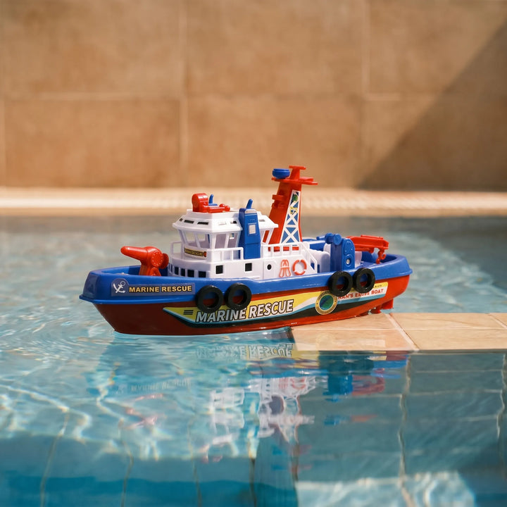 Toddler's interactive fireboat bath toy, sprays water, floats & encourages imaginative water play.