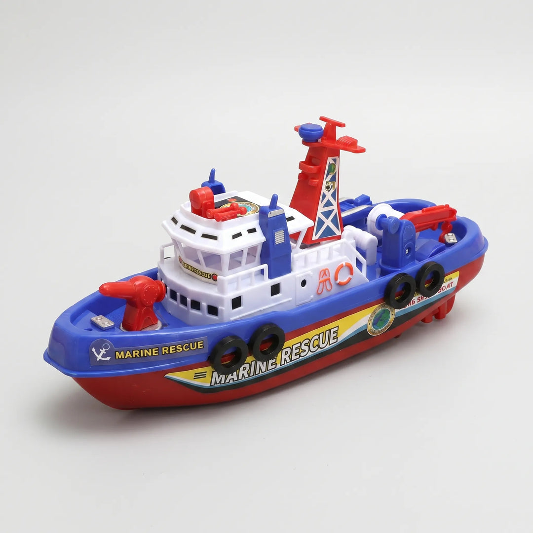 Fun kids' motor fireboat bath toy that sprays water from a turret for exciting bathtub adventures.