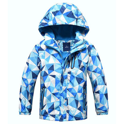 Detail of the hood and drawstring on a kids' windbreaker jacket, providing extra weather protection.