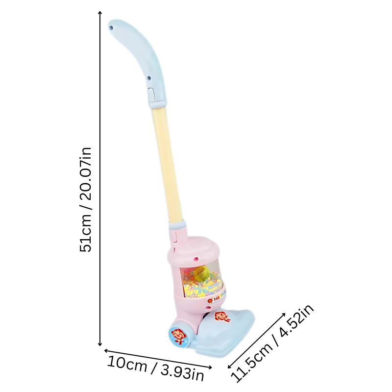 Toddler holding a pretend play vacuum cleaner toy, learning household chores, developing motor skills